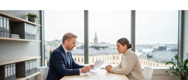 Brottmålsadvokat i möte med klient på ett modernt Stockholmskontor