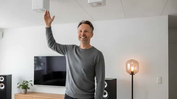 Man i Göteborgs vardagsrum med golvstående Dolby Atmos-högtalare och TV, skandinavisk inredning