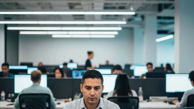 Profesional latino analizando dashboards de inteligencia artificial en oficina tecnológica moderna en Austin, Texas