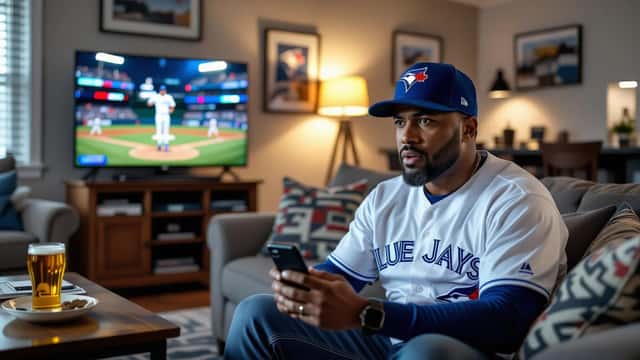 Man in Blue Jays jersey alarmed at phone security warning in Toronto apartment