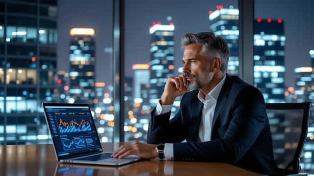 Executivo brasileiro exausto em sala de reuniões à noite com laptop mostrando gráficos em queda