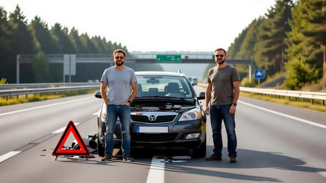 Autopanne durch extreme Hitze: Fahrer steht neben überhitztem Auto auf Autobahnstandstreifen