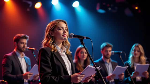 Jonge artiest op podium met spotlight en contractdocumenten op de achtergrond