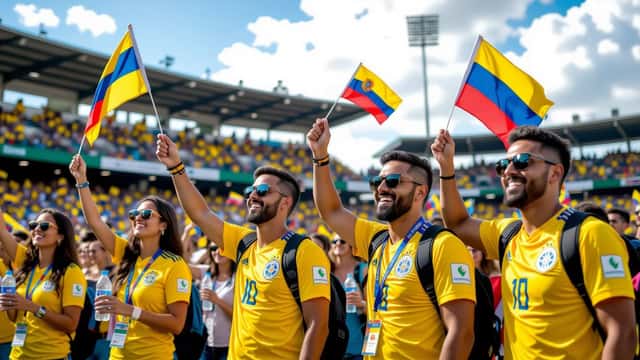 Colombianska fotbollsfans i gula tröjor vinkar flaggor utanför en solbelyst arena under VM 2026.