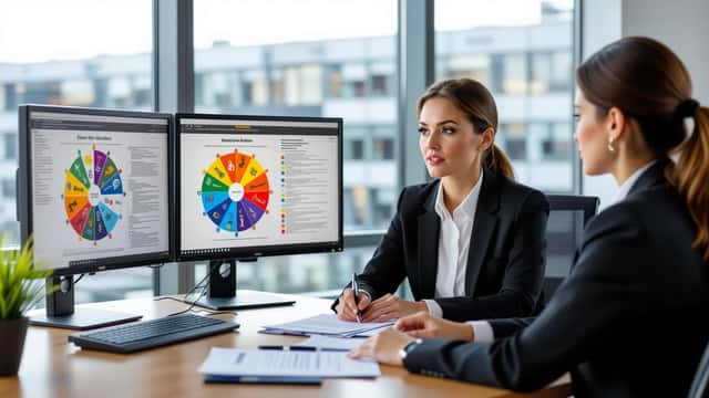 Bewerberin und HR-Manager in Münchner Büro, Horoskop auf Monitor, Bewerbungsunterlagen auf dem Tisch
