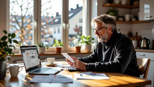 Svensk man håller lottsedel och studerar finansiella dokument vid köksbord i Stockholm