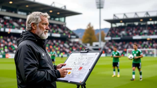 Entraîneur de football dirigeant une séance d'entraînement au stade Letzigrund de Zürich avec tableau tactique