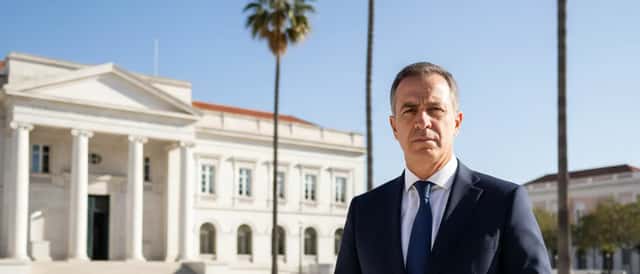 Homem português de fato escuro em frente a edifício camarário em Oeiras sob sol mediterrânico