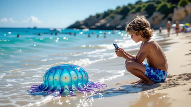 Enfant photographiant une galère portugaise échouée sur une plage méditerranéenne à distance sécurisée