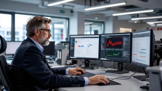 Beamter arbeitet an zwei Monitoren in einem Berliner Behördenbüro mit VPN-Sicherheits-Dashboard und digitaler Verwaltungssoftware
