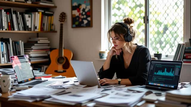 Australian musician reviewing estate planning documents and streaming analytics on laptop in Brisbane home studio