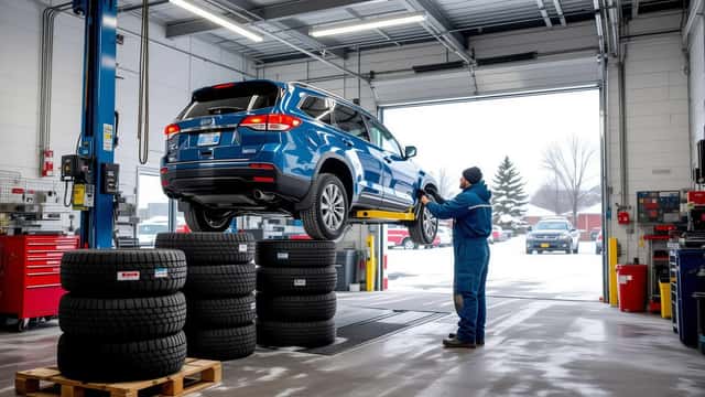 Mécanicien montant un pneu d'hiver sur un VUS dans un garage automobile de Montréal, première neige visible à l'extérieur