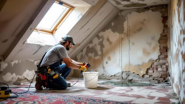 Artigiano ispeziona danni da infiltrazione d'acqua su soffitto dopo nubifragio Firenze 2026