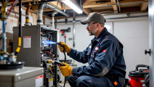 Technicien HVAC inspectant une fournaise au gaz naturel dans un sous-sol résidentiel canadien en automne 2026