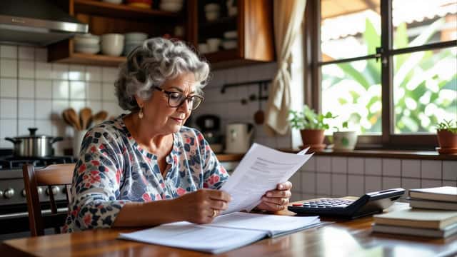 Aposentada brasileira revendo extrato de benefício do INSS em casa com calculadora