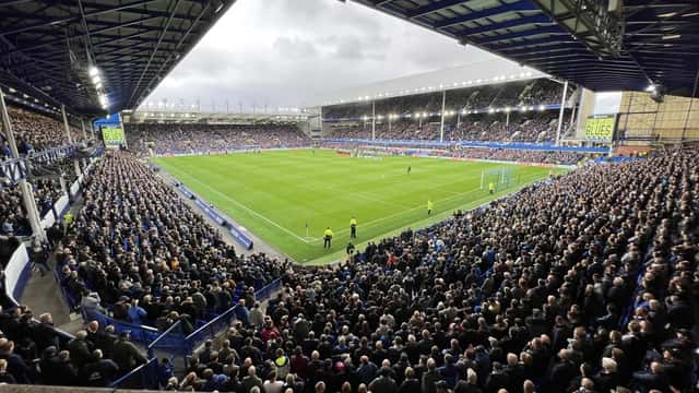 Vista aérea do Goodison Park, estádio do Everton FC em Liverpool