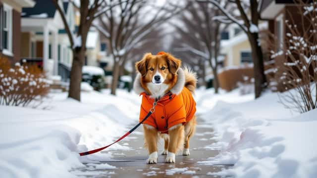 Chien en manteau hivernal marchant sur un trottoir glacé au Canada en hiver