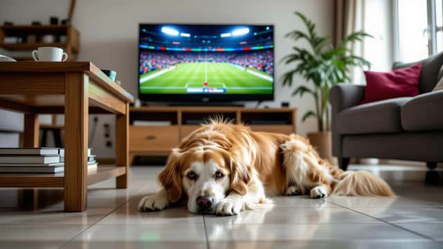 Golden retriever ansioso em casa durante a Supertaça Porto-Torreense 2026, sozinho enquanto os tutores estão no jogo