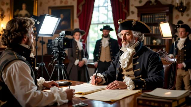 Comedic historical reenactment scene with period costume and modern film crew