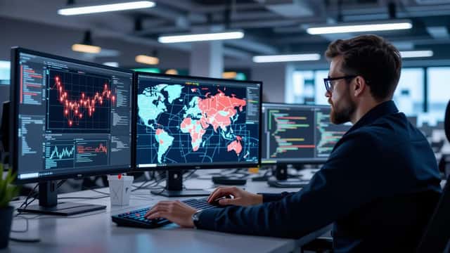 Expert en cybersécurité analysant des alertes de menace sur écran lors de la période pré-électorale de la présidentielle 2027