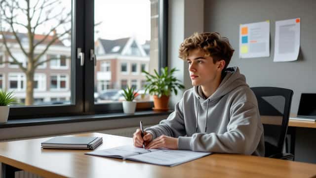 Nederlandse MBO-student vergelijkt BBL- en BOL-documenten op een bureau in een Utrechtse studieloopbaankamer