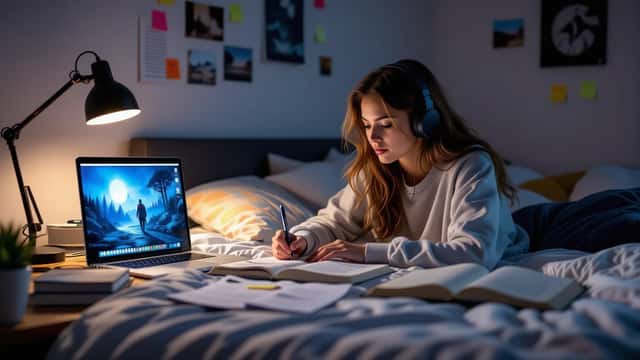 Student writing an AP English essay at night with laptop paused on fantasy TV show, notebook and sticky-note textbook on desk