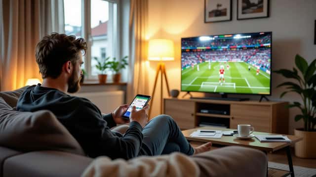 Dansk mand kontrollerer betting-gevinst på smartphone mens fodboldkamp vises på TV i baggrunden og skatteopgørelse ligger på bordet