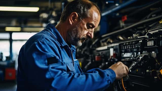 Meccanico italiano in tuta blu che usa uno scanner OBD-II su un motore diesel in officina a Milano