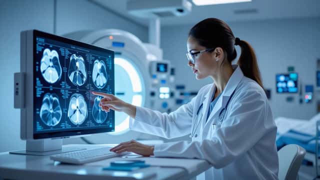 Arzt untersucht Knochenröntgen in einem deutschen Krankenhaus