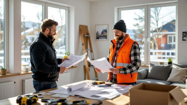 Husägare granskar renoveringsritningar med byggkonsult i modernt skandinaviskt hem
