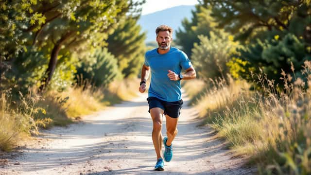 Runner italiano di circa 40 anni che si ferma su un sentiero del parco tenendosi la tibia dolorante dopo una sessione di allenamento