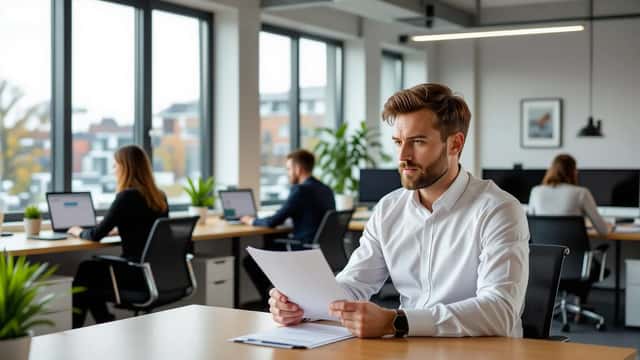 Nederlandse werknemer leest ontslagbrief aan bureau in modern kantoor in Den Haag