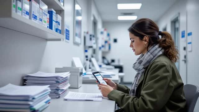 Patiente française examinant son smartphone dans une salle d'attente médicale, notice RGPD visible en arrière-plan