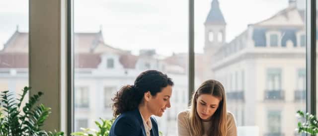 Abogada española consultando con una joven en un despacho moderno e iluminado