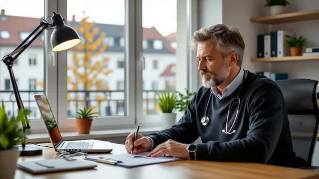 Arzt untersucht älteren Patienten auf Grippe in Hamburger Praxis im Herbst 2026