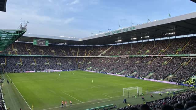 Celtic Park stadium packed with fans during a Europa League night match in Glasgow