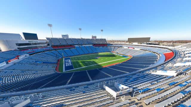 Exterior view of Highmark Stadium in Buffalo, home of the NFL's Buffalo Bills