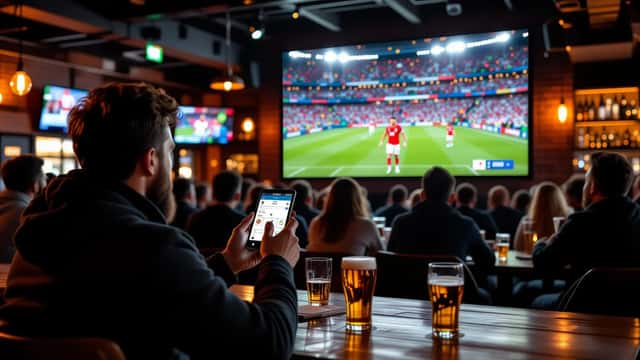 Mann im Sportlokal beim Public Viewing schaut auf sein Smartphone mit Tracking-Hinweis während der WM 2026