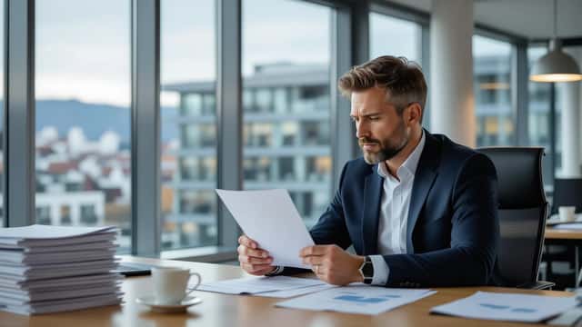 Österreichischer Manager in einem modernen Grazer Büro hält ein formelles Kündigungsschreiben in Händen, konzentrierter Blick, Arbeitsdokumente auf dem Tisch