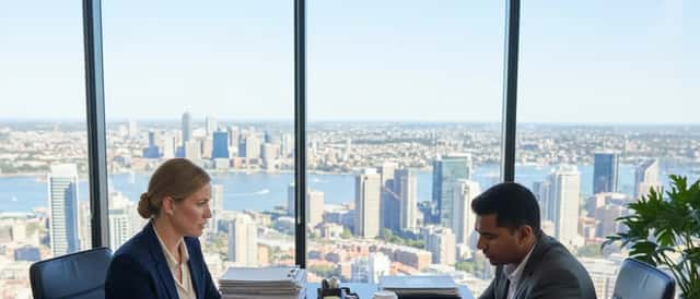 Australian professional consulting with a lawyer in a modern office, city skyline in background