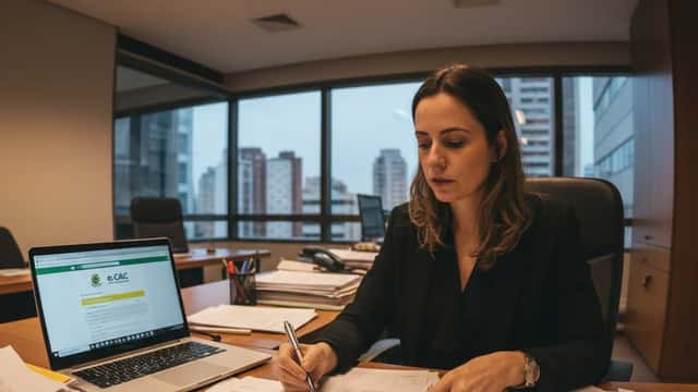 Profissional analisando documentos fiscais e formulários da Receita Federal em escritório