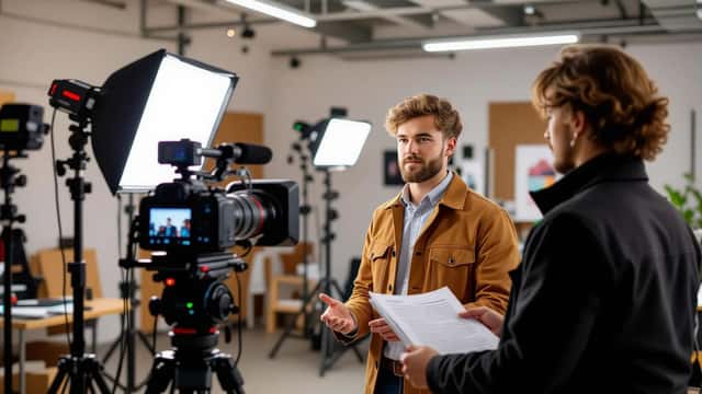 Jonge acteur op een filmset met begeleider en contractdocumenten