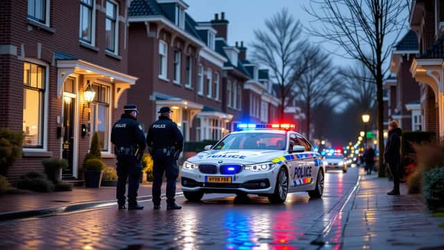 Politie bij een woning aan de Brinkgreverweg in Deventer in de avond