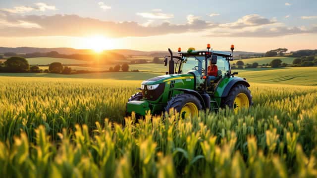 Tracteur moderne roulant dans les champs verdoyants de la ferme Diddly Squat au coucher du soleil