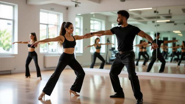 Mujer latina aprendiendo salsa con instructor profesional en estudio de baile en Miami, suelo de madera y paredes de espejo al fondo