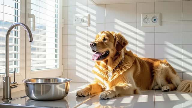 Chien haletant sur le sol d'un appartement à Strasbourg lors de la canicule août 2026, thermomètre, serviette humide et bol d'eau