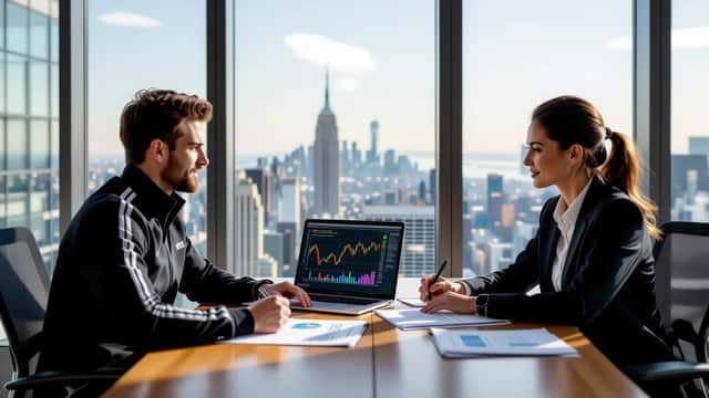 Young athlete meeting a financial adviser at a desk with investment charts on a laptop
