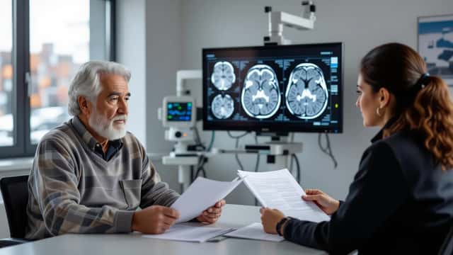 Paciente hispano mayor en consulta neurológica con médico revisando resonancia magnética