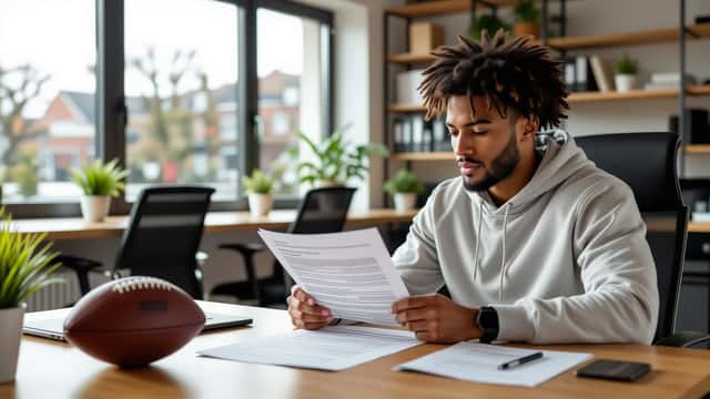 Young professional footballer reviewing a contract document at a London office desk