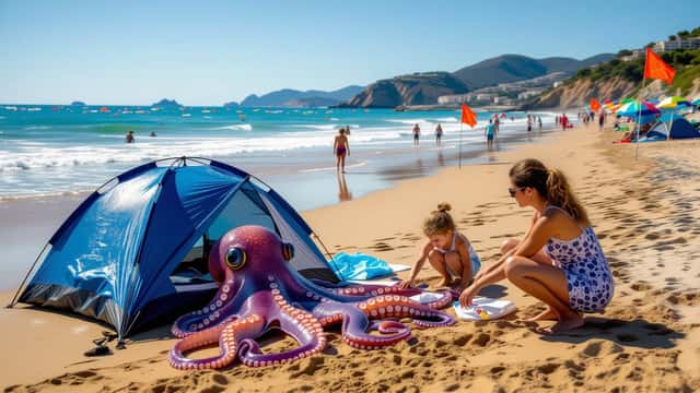 Physalie (galère portugaise) échouée sur plage atlantique avec drapeaux d'avertissement, Pays basque 2026